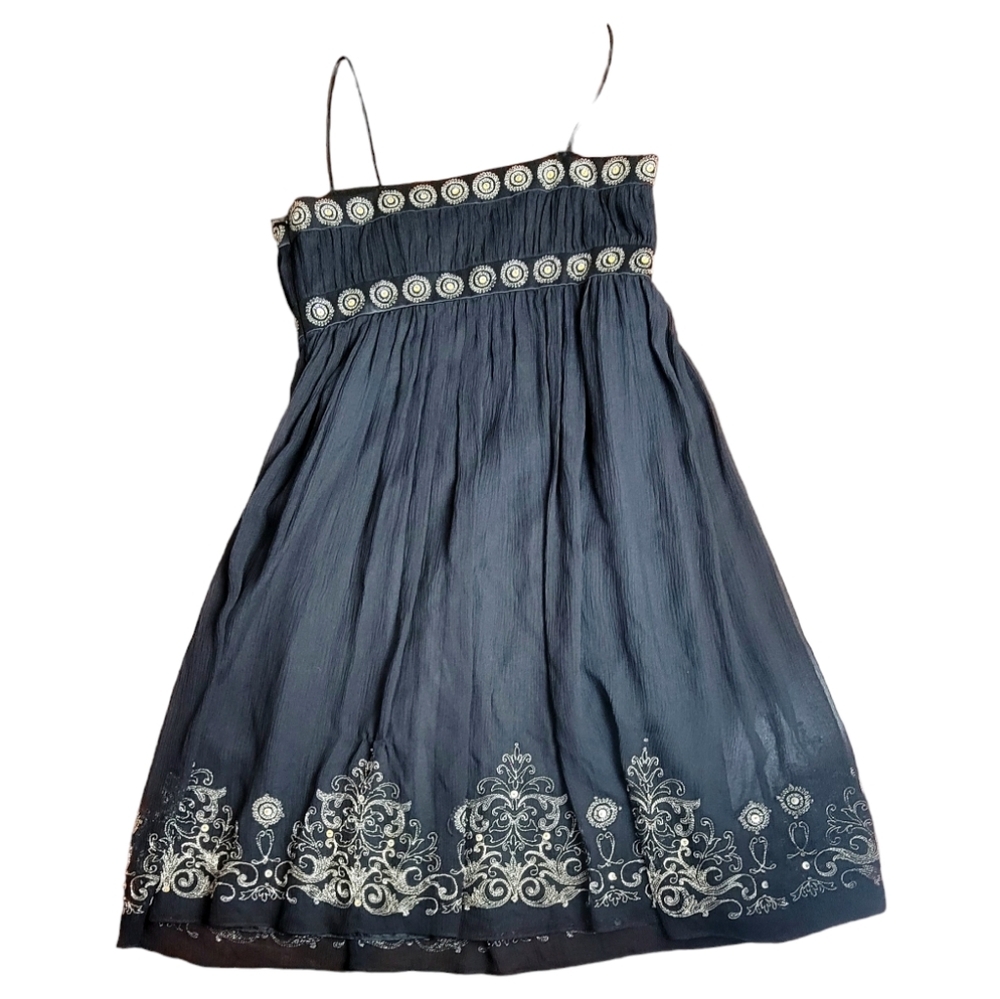 Maggie London Silk & Chiffon Spaghetti Strap Gold‎ Embroidered Baby Doll Dress